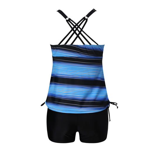 Fuchsia pink tankini swimsuit for women featuring a pleated halter top and matching swim shorts, modeled on a beach. - Image 19