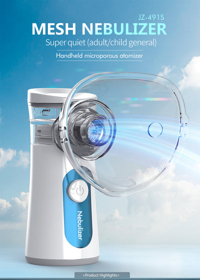 White and blue handheld ultrasonic nebulizer with a clear mask, emitting a blue light, against a bright blue sky. - Image 4