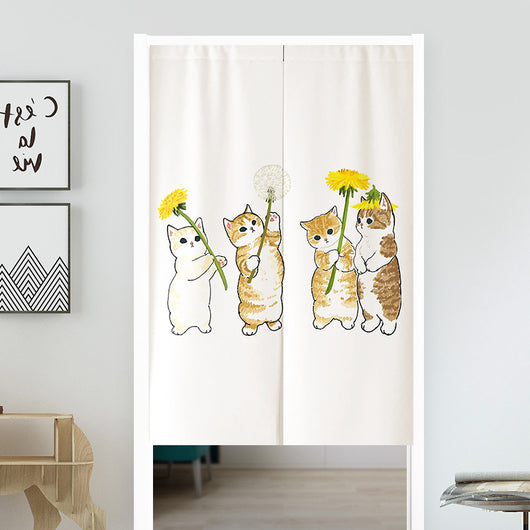 White segmented fabric door curtain with a cartoon design of three cats cooking and surrounded by fried eggs. - Image 4