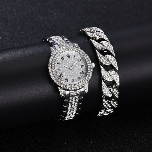 Juego de Reloj y Pulsera de Acero Inoxidable con Números Romanos y Diamantes