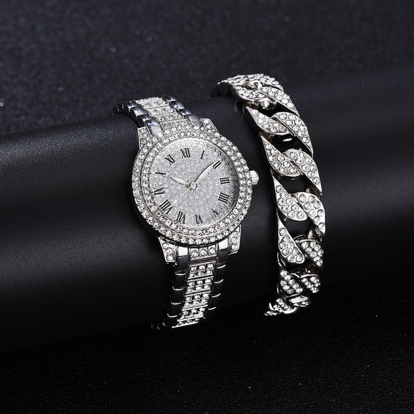 Juego de Reloj y Pulsera de Acero Inoxidable con Números Romanos y Diamantes