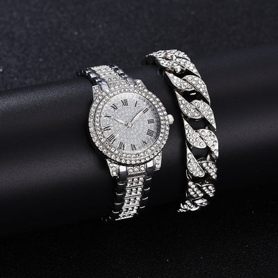 Juego de Reloj y Pulsera de Acero Inoxidable con Números Romanos y Diamantes