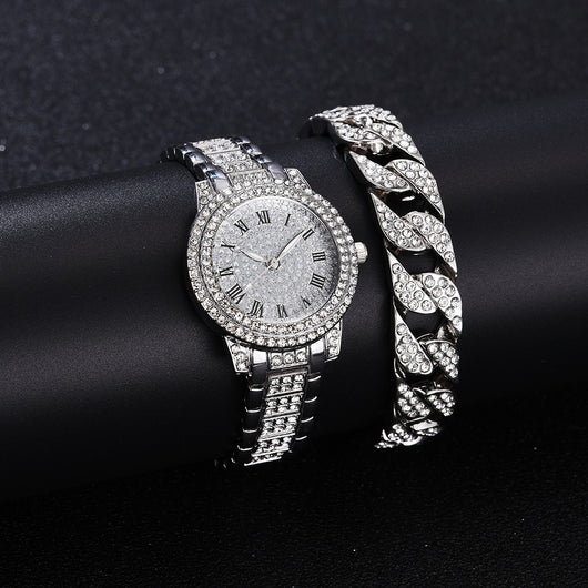 Juego de Reloj y Pulsera de Acero Inoxidable con Números Romanos y Diamantes