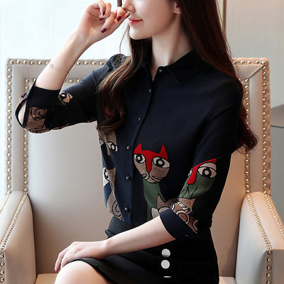 Blusa Vintage con Estampado de Gatos en Chifón para Primavera y Otoño - Image 3