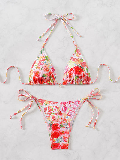 Red floral print triangle cup bikini set with matching bottom, featuring a small gold charm on the top. - Image 22