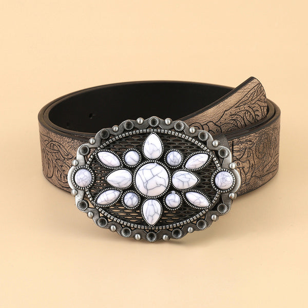 Cinturón Estampado Retro Blanco con Gemas - Accesorio Versátil para Cualquier Outfit