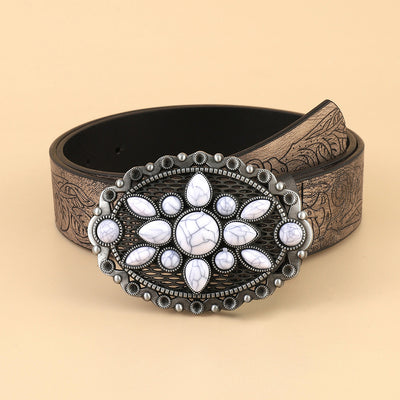 Cinturón Estampado Retro Blanco con Gemas - Accesorio Versátil para Cualquier Outfit - Image 2