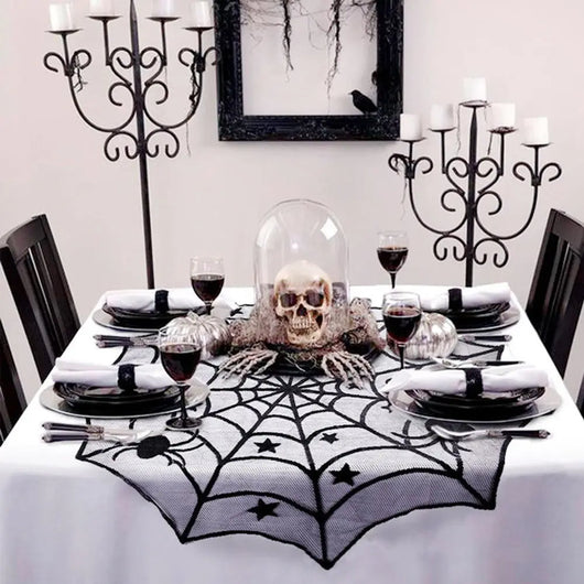 Black lace Halloween curtain with a spider web pattern and a hanging bat figure, perfect for spooky decor. - Image 9