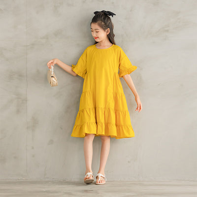 Vestido Amarillo Infantil de Color Liso con Mangas Coquetas - Image 11