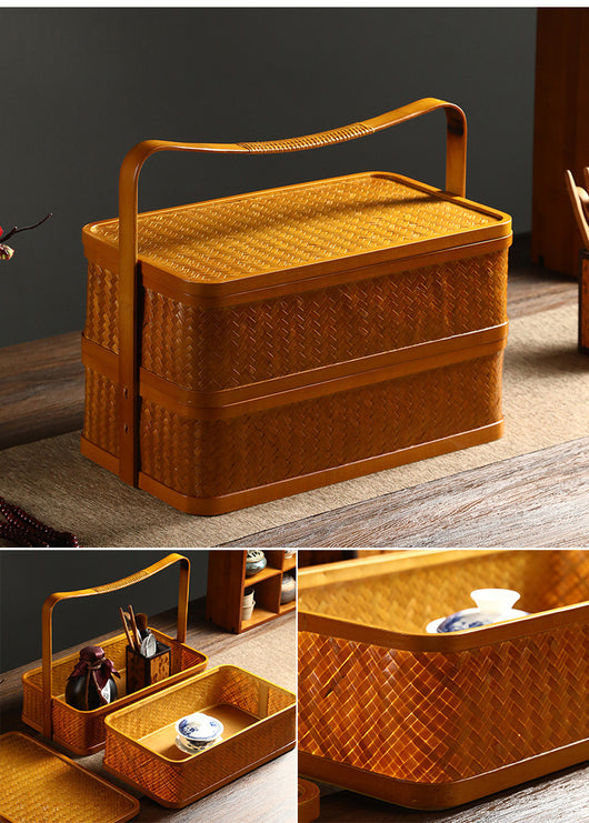 Contenedor Hermético de Bambú Rectangular Doble Capa con Tapa - Caja Portátil para Alimentos y Té - Image 27