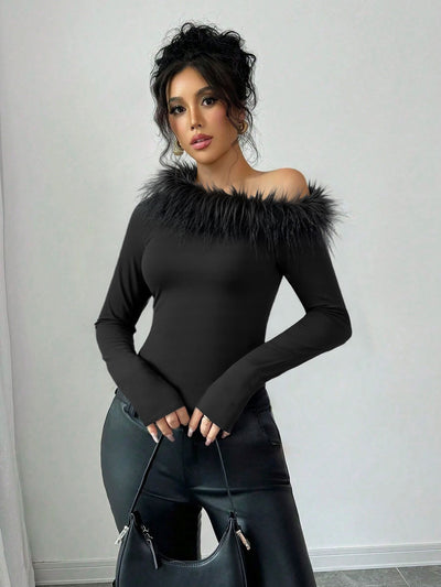 Blusa Otoño Invierno Diseño Exclusivo Patchwork Plumas Hombro Asimétrico Manga Larga Ajustada - Image 10