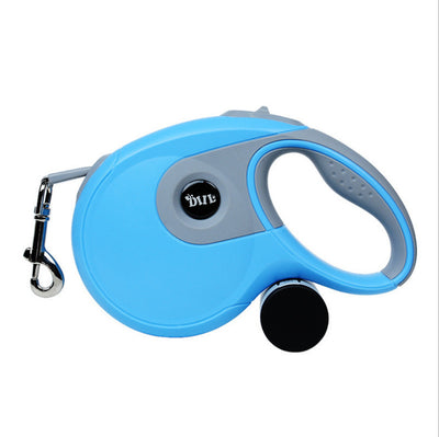 Blue and grey retractable dog leash with a black waste bag dispenser and a silver metal clip. - Image 13