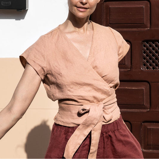Blusa Lino Algodón con Cuello V y Cordones - Manga Corta para Mujer