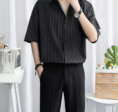 Camisa Manga Corta Hombre Rayas Negra Elegante - Image 23
