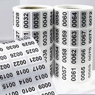 Roll of matte silver adhesive labels with sequential black serial numbers from 00001 to 00024 visible. - Image 2