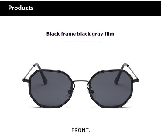 Men's personalized polygon sunglasses with black and gold frame and purple gradient UV resistant lenses. - Image 15