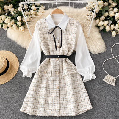 Vestido Houndstooth con Tirantes y Mangas Puff - Image 3