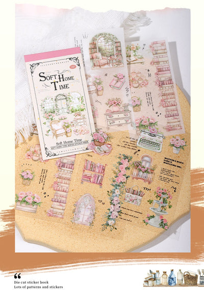Soft Home Time Series decorative stickers featuring retro-style illustrations of furniture, books, and flowers. - Image 16