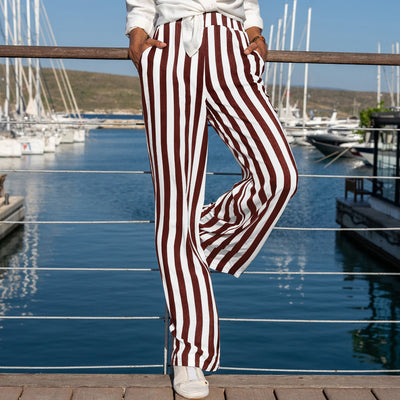 Pantalones de Lino y Algodón a Rayas para Mujer - Blanco Roto Casual - Image 7