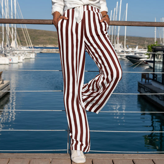 Pantalones de Lino y Algodón a Rayas para Mujer - Blanco Roto Casual - Image 7