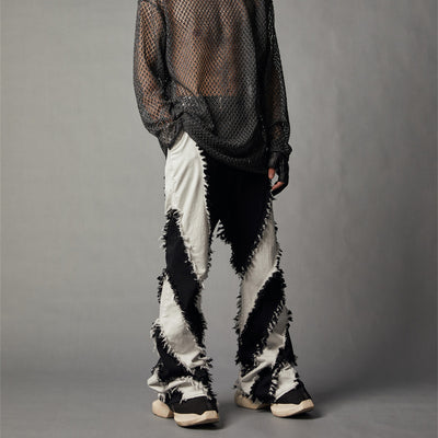 Jeans Slim Fit Patchwork Blanco y Negro con Bordes Desgastados