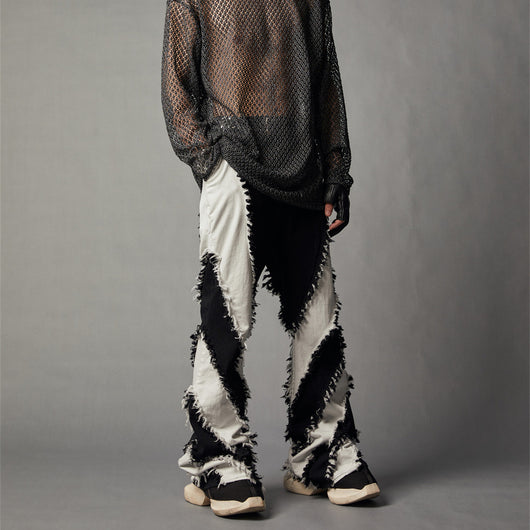 Jeans Slim Fit Patchwork Blanco y Negro con Bordes Desgastados