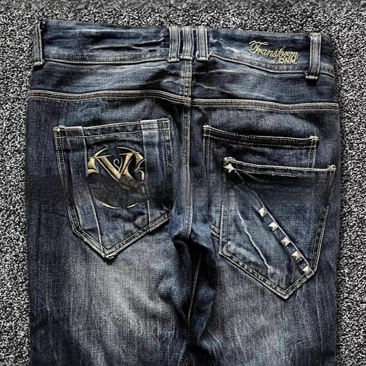 Pantalones Acampanados Denim Vintage con Bordados - Estilo Retro Lavado - Image 3