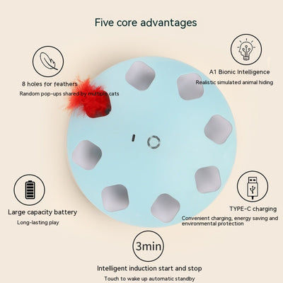 Light blue circular cat teaser toy with multiple cutouts and a red feather extending from one opening. - Image 3
