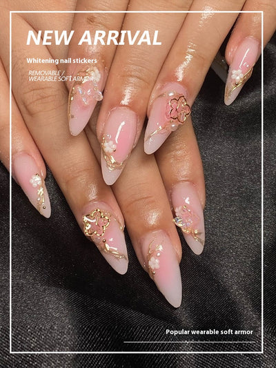 Uñas Postizas con Degradado Floral y Acabado Dorado - Image 10