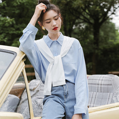 Camisa Azul Manga Larga Estilo Relajado para Mujer - Image 8