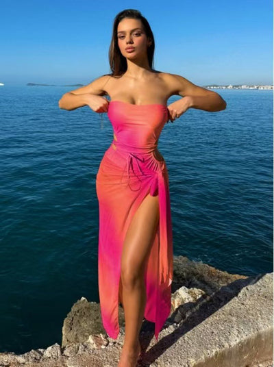 Blue ombre one-piece swimsuit with side cutouts and a matching blue ombre sarong with tie closure. - Image 15