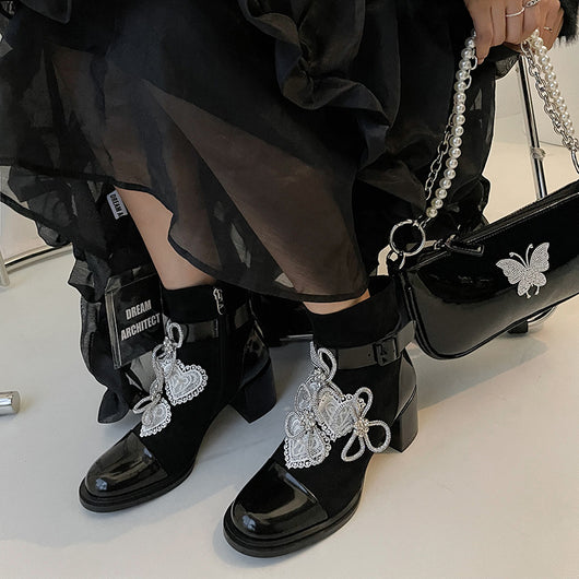 Botines Cortos con Moño de Diamantes y Tacón Grueso - Image 9