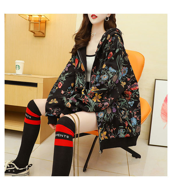 Sudadera Hoodie Mujer Talla Grande Terciopelo Estampado Floral