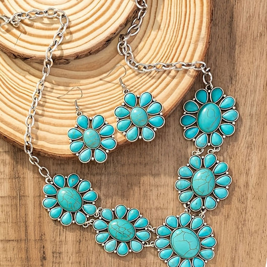 Vintage-style silver-tone necklace and dangle earrings set with oval frames and marbled blue and yellow stones. - Image 8