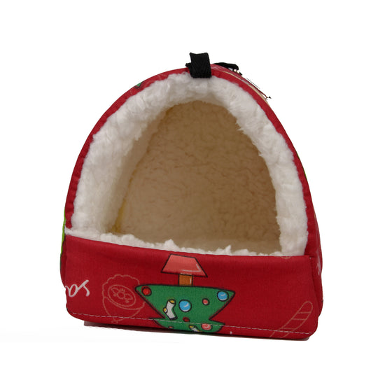 Teal cotton pet nest with a colorful forest pattern, lined with white plush, designed for small birds or parrots. - Image 16