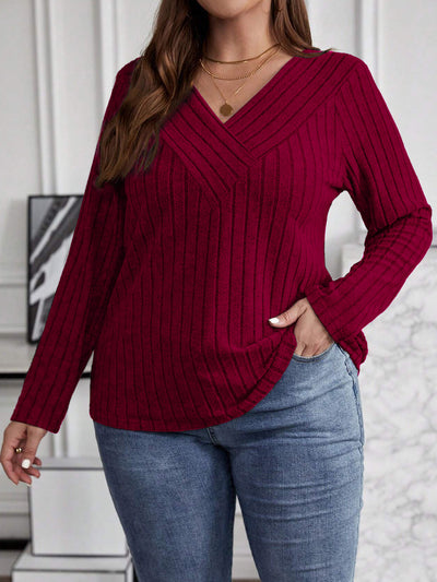 Suéter Tipo Polera Plus Size Cuello V Cruzado Manga Larga Textura Acanalada - Image 11