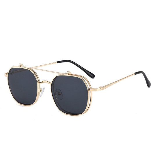 Gold frame flip-up sunglasses with brown lenses, featuring a double-layer design and black temple tips. - Image 8