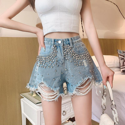 Shorts Vaqueros Rotos Cintura Alta con Flecos Diamantados