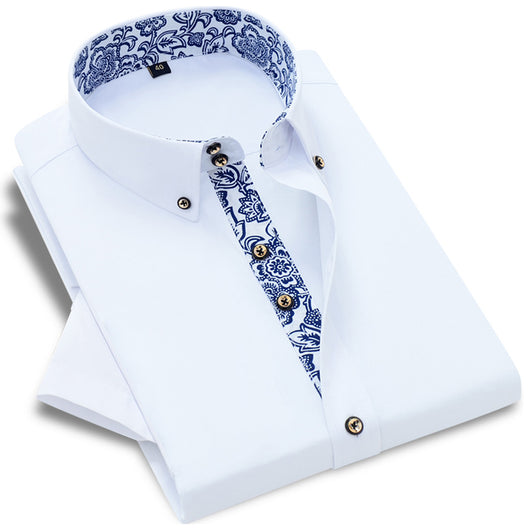 Camisa Business Casual de Manga Larga con Cuello Porcelana Azul y Blanco para Hombre - Image 2