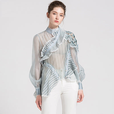 Blusa Corta Mujer Primavera Verde Rayas Organza Transparente Cuello Alto Patchwork Sexy - Image 8