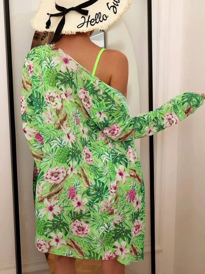 Women's red bikini with a tropical floral and pineapple print cover-up shawl, featuring a twisted front top. - Image 16