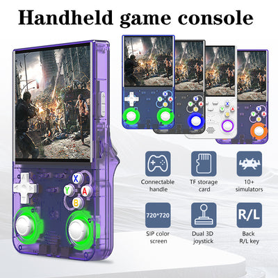 White handheld game console with a 4-inch HD screen, dual joysticks, and various buttons, shown with blue, black, and purple variants. - Image 3