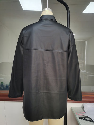 Chaqueta de Cuero Casual Negra con Botones Simples y Mangas Largas - Image 5