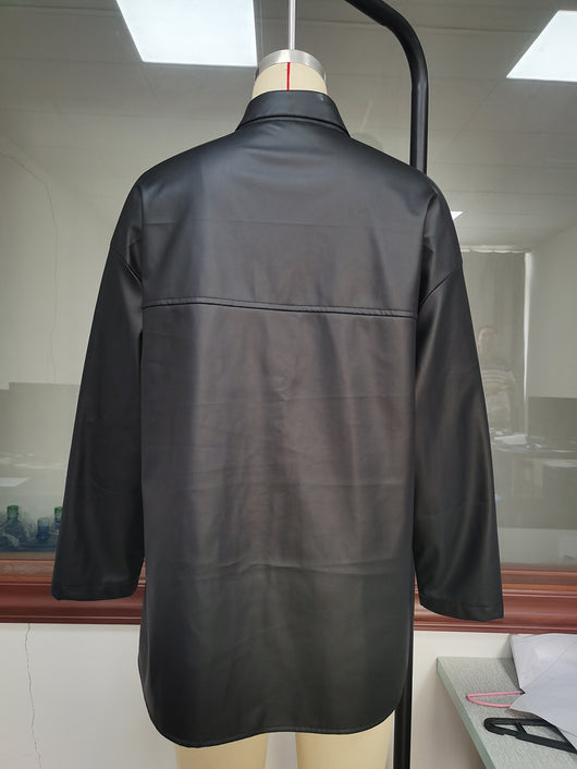 Chaqueta de Cuero Casual Negra con Botones Simples y Mangas Largas - Image 5