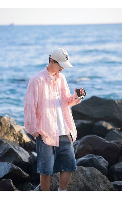 Camisa de Manga Larga Protección Solar Holgada a Rayas para Hombre - Image 10