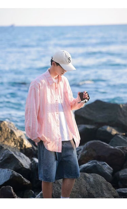 Camisa de Manga Larga Protección Solar Holgada a Rayas para Hombre - Image 10