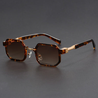 Retro polygon sunglasses for women with a leopard print frame and blue-tinted lenses. - Image 4