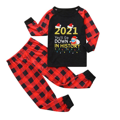 Red and black plaid long-sleeve pajama set with a '2021 You'll Go Down In History' graphic featuring a masked Santa. - Image 3
