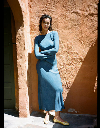 Vestido Largo de Seda Azul con Protección Solar - Estilo Vacacional - Image 8