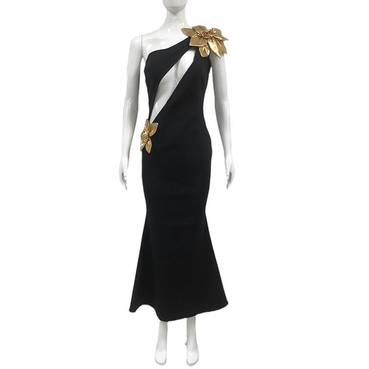 Vestido Largo Ajustado Flor Dorada con Efecto Bandage - Image 5